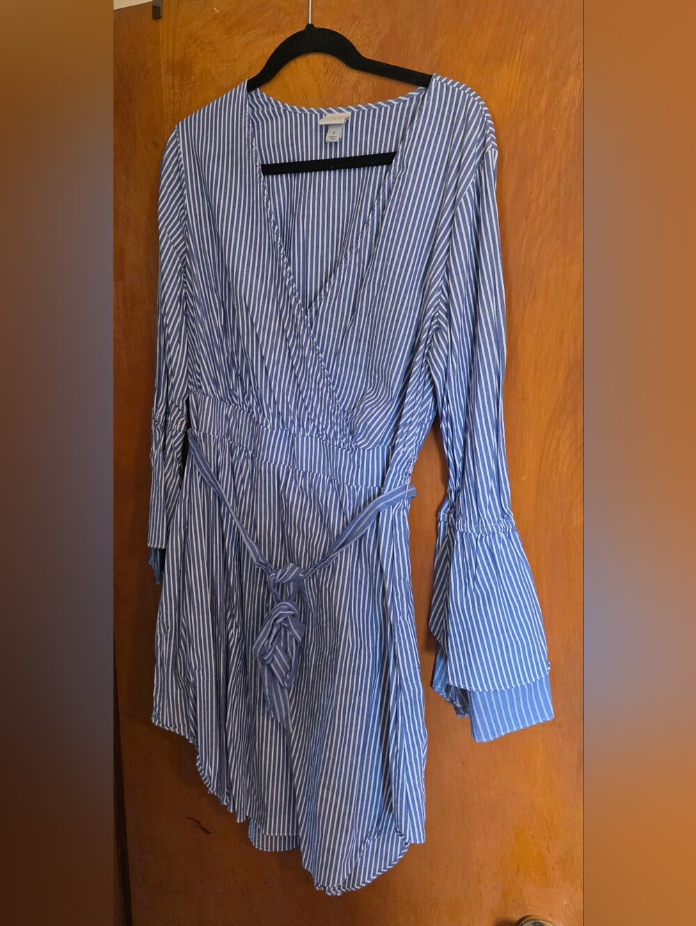 Blue and White Striped Dress With Bell Sleeves